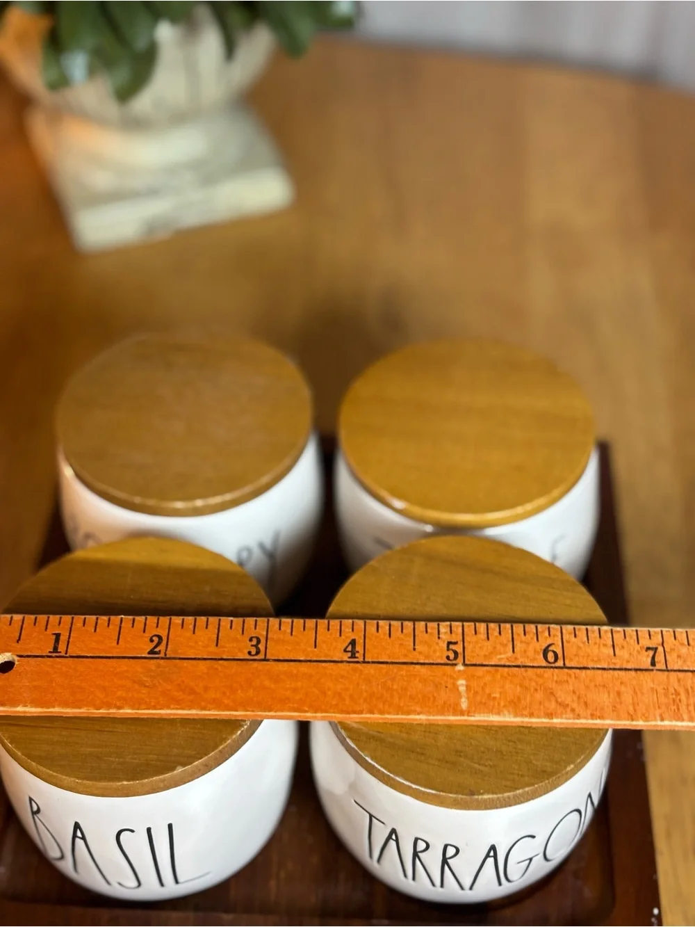 Rae Dunn 4 PC White Ceramic Herb Jars Wood Lids Basil Tarragon Rosemary Thyme